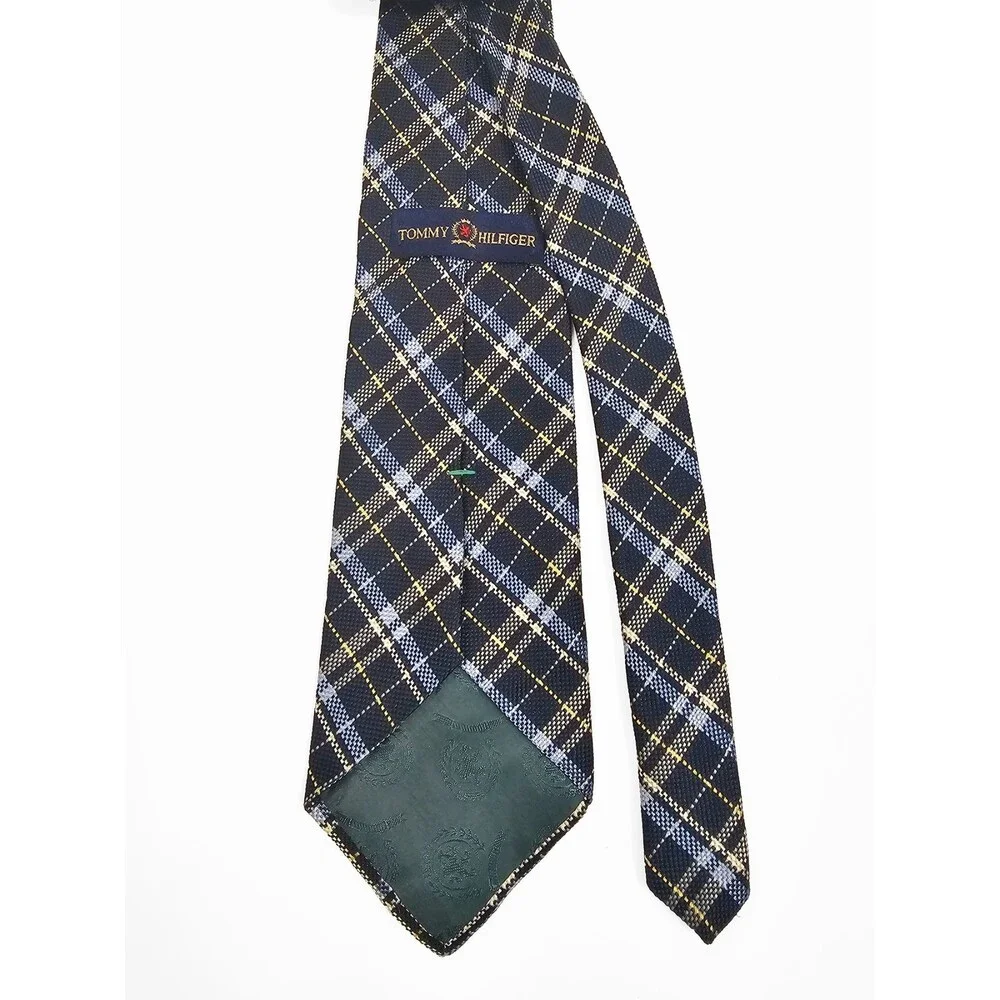 Tommy Hilfiger Silk Woven Plaid Vintage Tie Logo Blue Yellow Classic